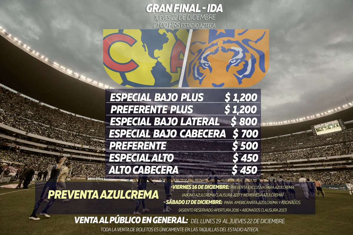 Precios final ida America vs Tigres Estadio Azteca apertura 2016 del futbol mexicano